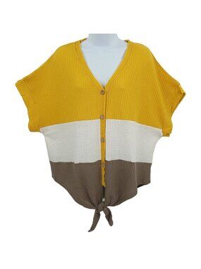 Umgee Waffle Knit Top Short Sleeve Womens S Mustard White Gray Colorblock Button